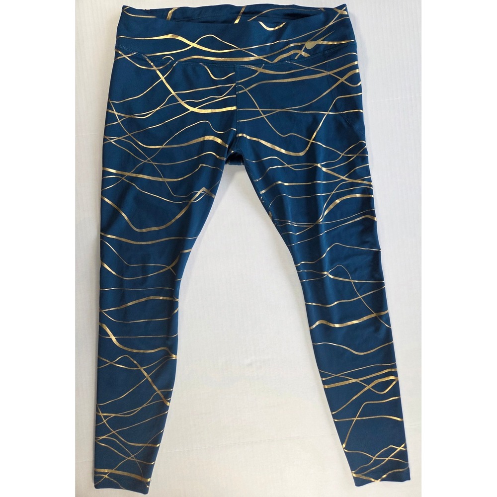 Nike Running Dri-FIT Leggings Teal Blue Gold Metallic Wavy Tights XL